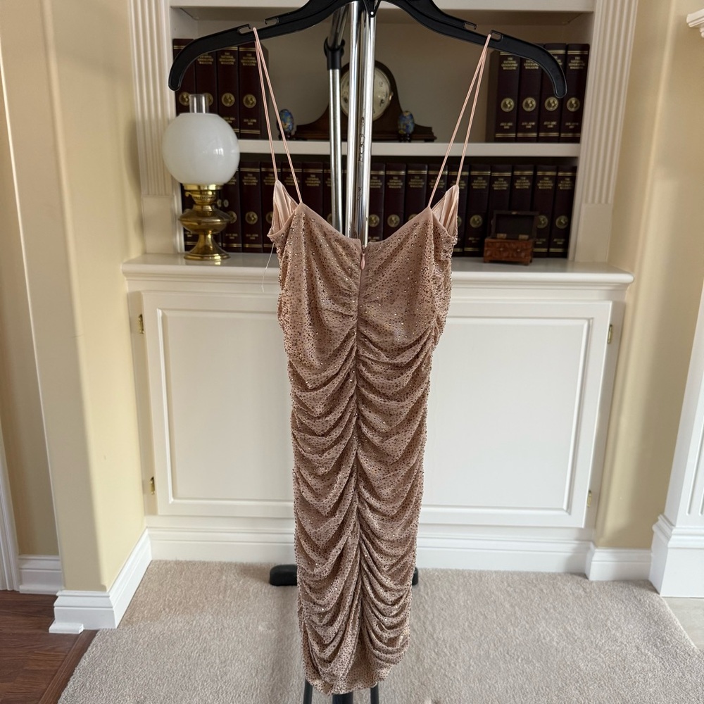 OH POLLY In the Spotlight" Ruched Mesh Embellished Mini Dress in Gold - Picture 4 of 5
